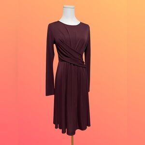 Long-Sleeve Faux-Wrap Midi Dress in Deep Plum